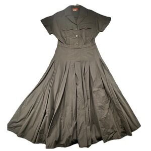 MAXMARA Studio Black Collared Pleated  Midi Dress Short Sleeve V-Neck Size S4/6
